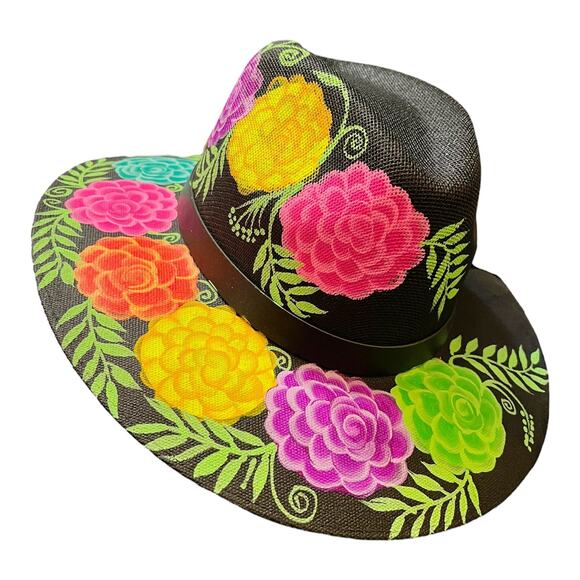 Gonzalez Accessories - HAT MEXICAN Artisanal Hand Painted Fedora Floral Sombrero Panama Bohemian Black